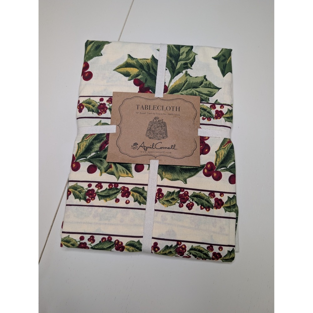 April Cornell Tablecloth 70" Cream Holly Berry Christmas Holiday Round Cotton